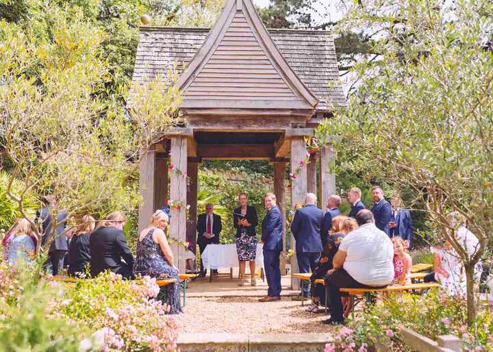 beautiful outdoor wedding ceremony at abbotsbury subtropical gardens